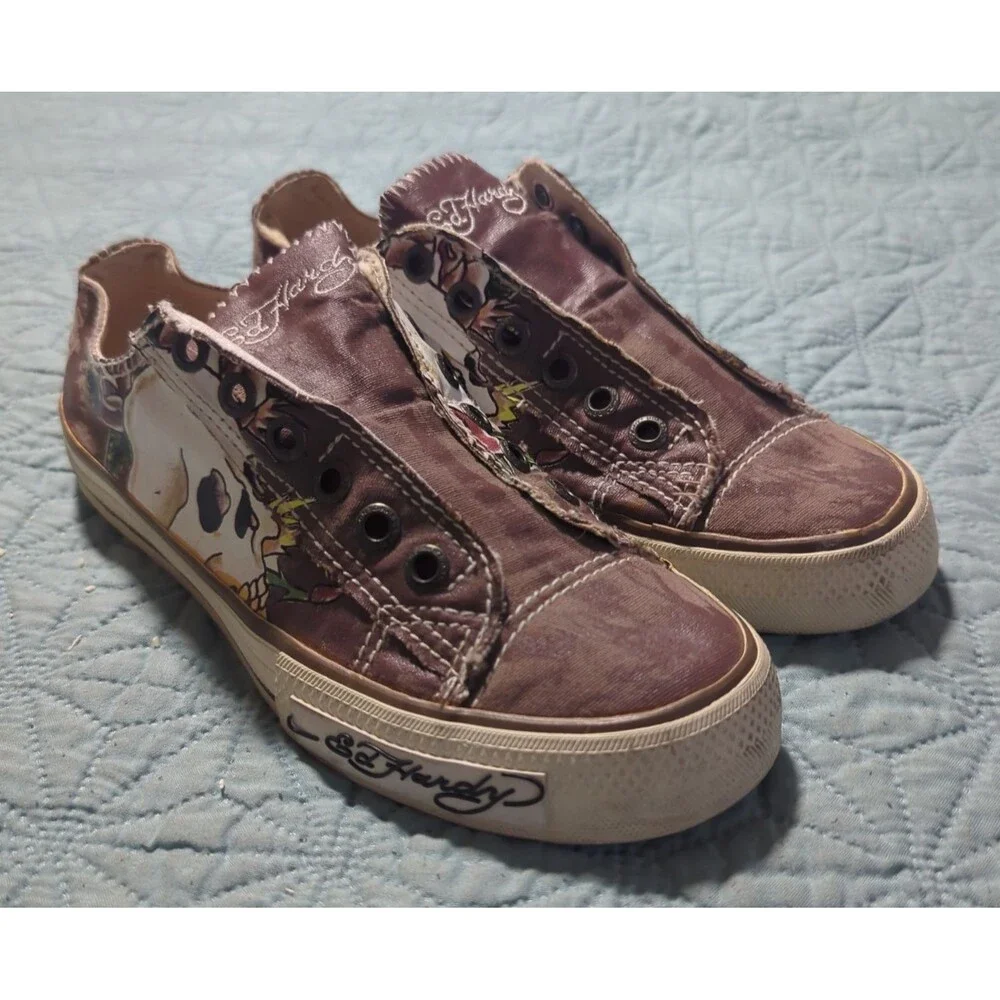Ed Hardy Laceless Canvas Slip-On Sneakers Brown Sz 5 Rose & Skull Tattoo Y2K
